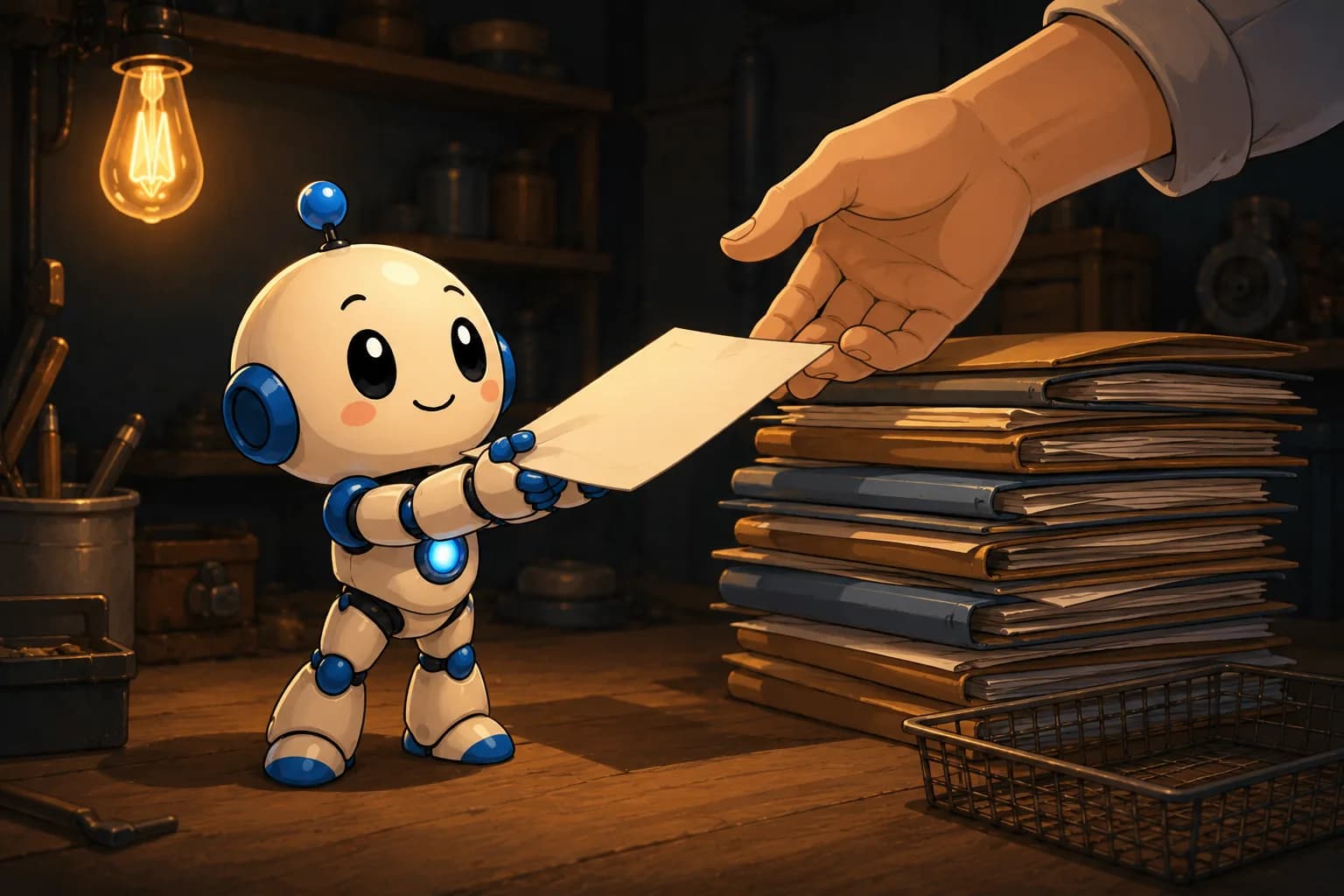 A small robot hands a single sheet of paper up to a human hand. Beside it stands a tall stack of already sorted files and an empty filing tray.