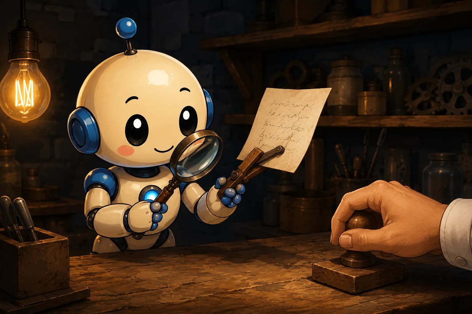 Ein Roboter hält an einer Werkbank ein beschriebenes Blatt mit einer Holzzange auf Abstand und prüft es durch eine Lupe. Rechts liegt die Hand eines Menschen auf einem Stempel.