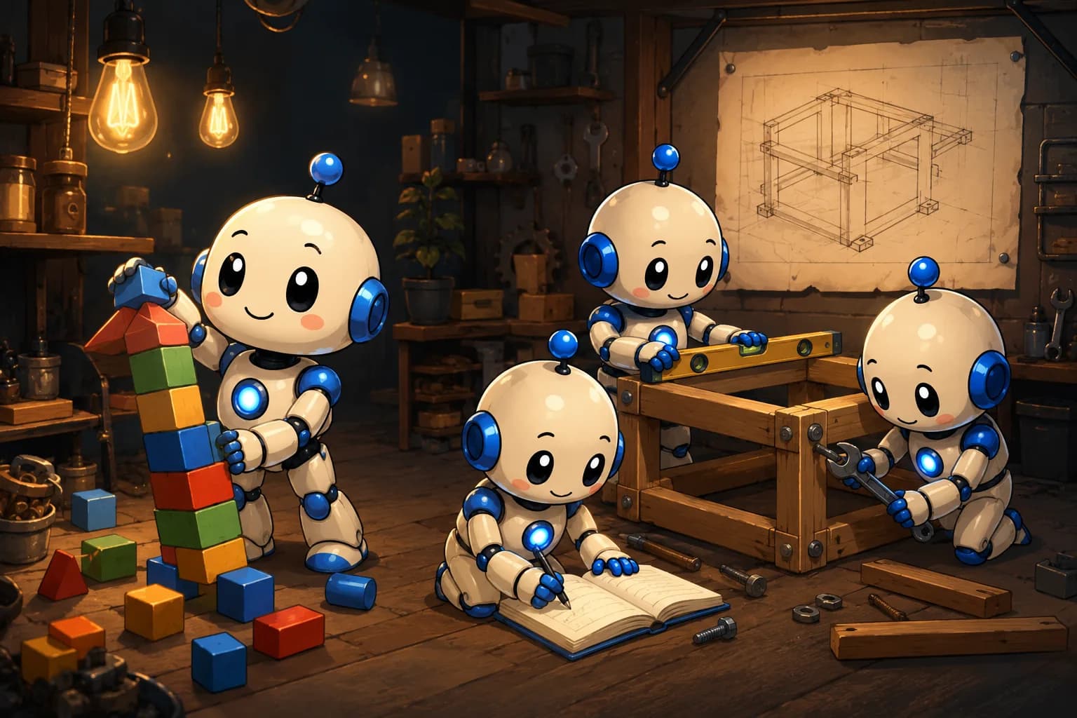 Four small robots in a warm workshop. One is stacking a colourful tower of building blocks on its own, the other three are working together on a wooden structure, following a blueprint.
