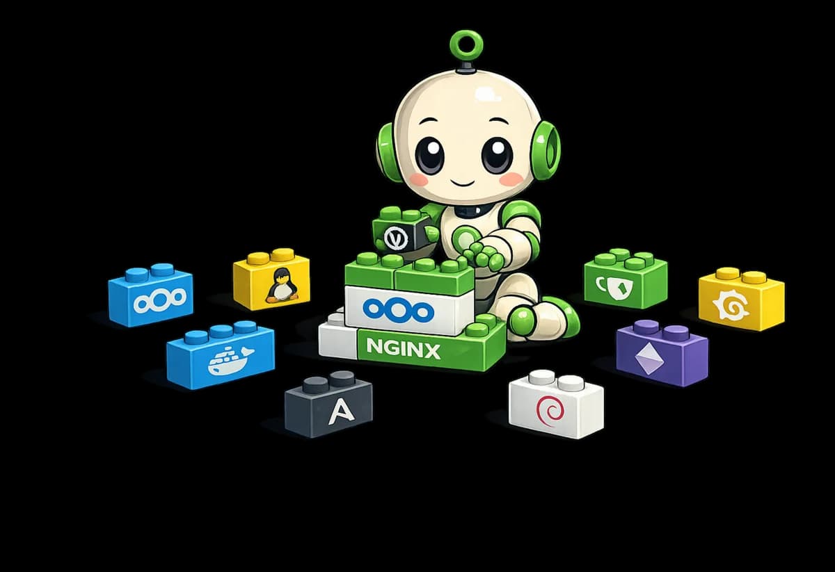 Unser Infrastruktur-Roboter sitzt zwischen vielen Bausteinen und setzt daraus etwas zusammen. Auf den Steinen die Bausteine, aus denen wir bauen: Nextcloud, Docker, Linux, nginx, Debian und weitere.