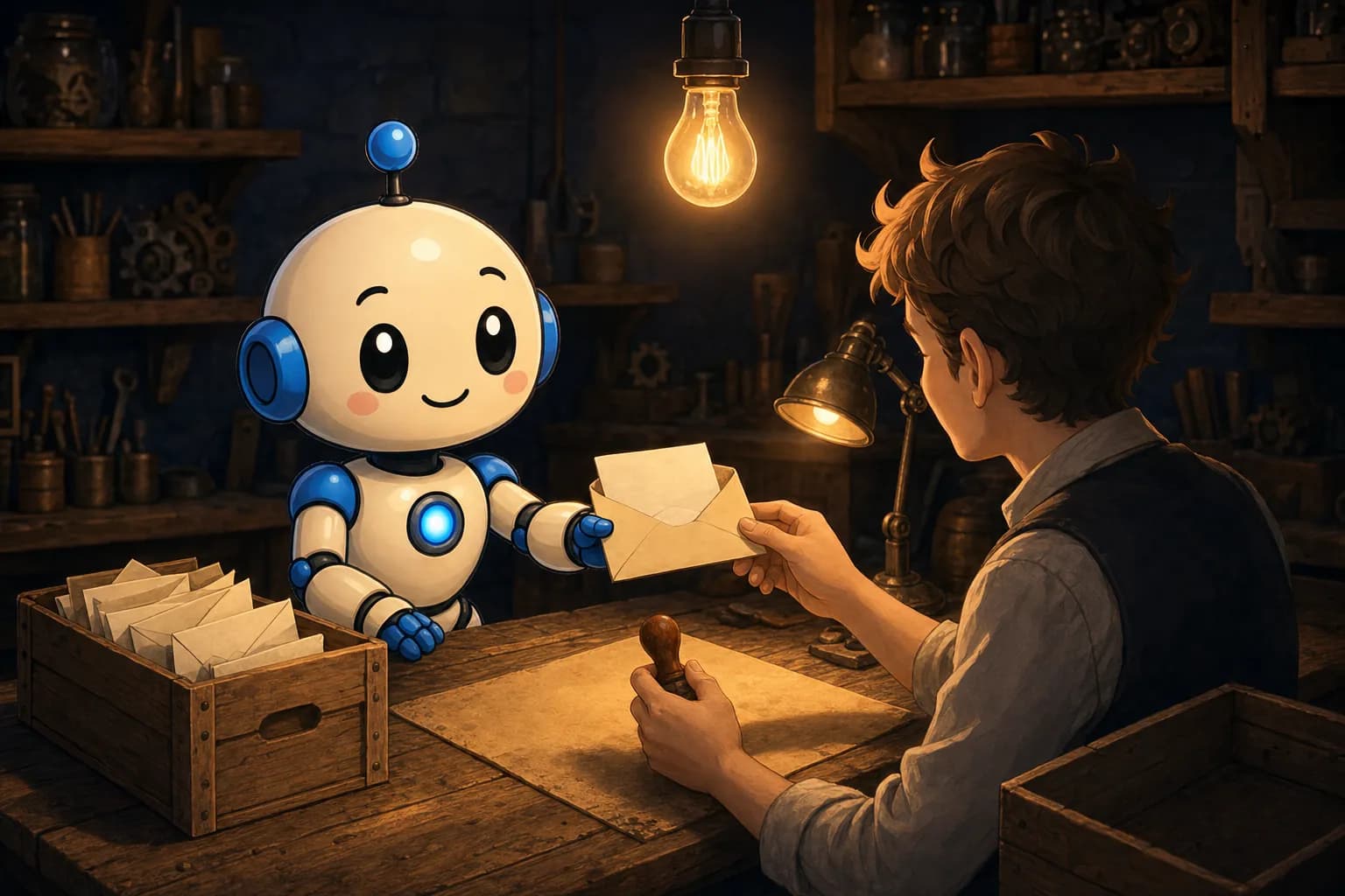 Ein Roboter reicht an einer Werkbank einem Menschen einen offenen Briefumschlag, der Mensch nimmt ihn entgegen und hält in der anderen Hand einen Holzstempel, daneben stehen zwei Holzkisten mit Briefen und eine kleine Lampe.