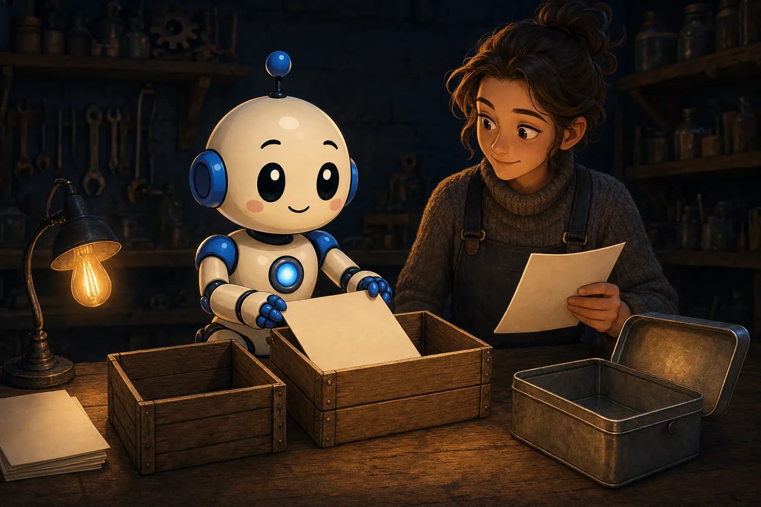 A robot sits at a workbench and places a blank sheet of paper into one of three wooden boxes, with a tin can with a lid standing beside them; a human next to him holds the next sheet in his hand, in the background a small lamp and a stack of paper.