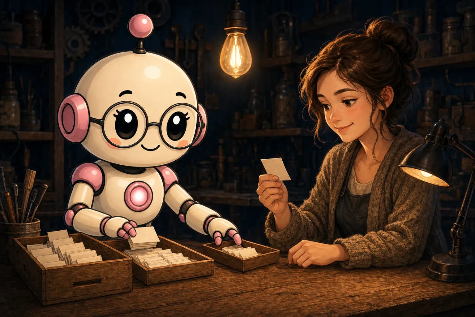 A robot at a workbench sorts small blank slips of paper into two wooden crates and pushes a small tray with a few slips over to a woman who picks one up under a work lamp.
