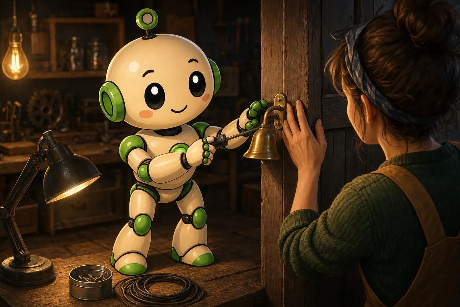 Ein Roboter schraubt neben einer Holzt\u00fcr eine kleine Messingglocke an den T\u00fcrrahmen, w\u00e4hrend eine Person die Glocke mit der Hand festh\u00e4lt; daneben stehen eine Arbeitsleuchte, eine Dose mit Schrauben und ein aufgerolltes Kabel.