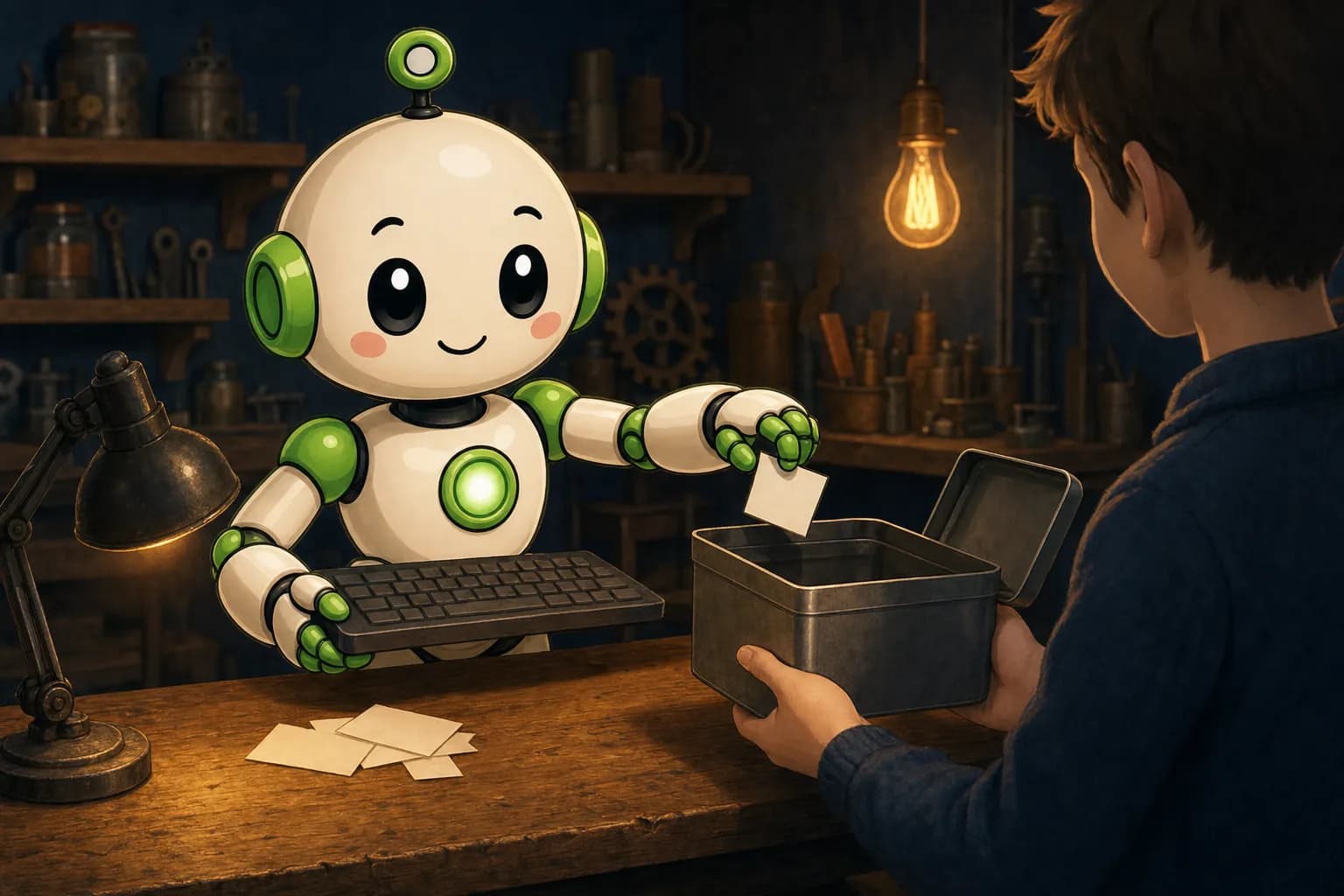 Ein Roboter hebt an einer Werkbank eine Tastatur an und legt einen leeren Zettel in eine kleine Blechkassette, die ein Mensch aufgeklappt festhält, daneben liegen weitere leere Zettel und eine Lampe.