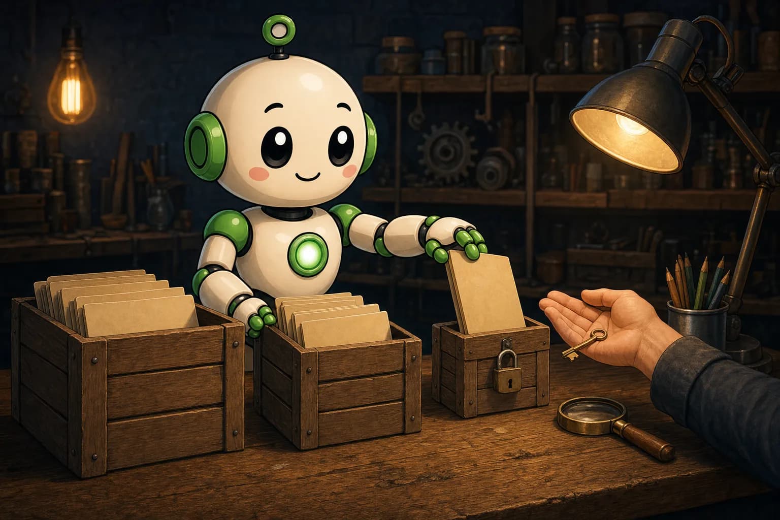 A robot at a workbench places an unlabelled folder into the smallest of three wooden crates, its lid fitted with a small padlock, while a human hand beside it holds a brass key.