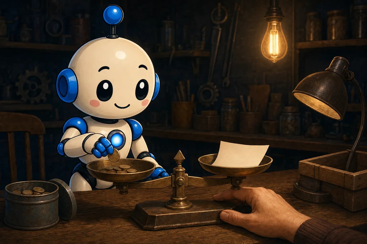 A robot at a workbench places small coins into one pan of an old balance scale, while a blank sheet of paper lies in the other pan; a human hand holds the base of the scale steady, and beside it stand a lamp, a tin can of coins and a wooden crate.