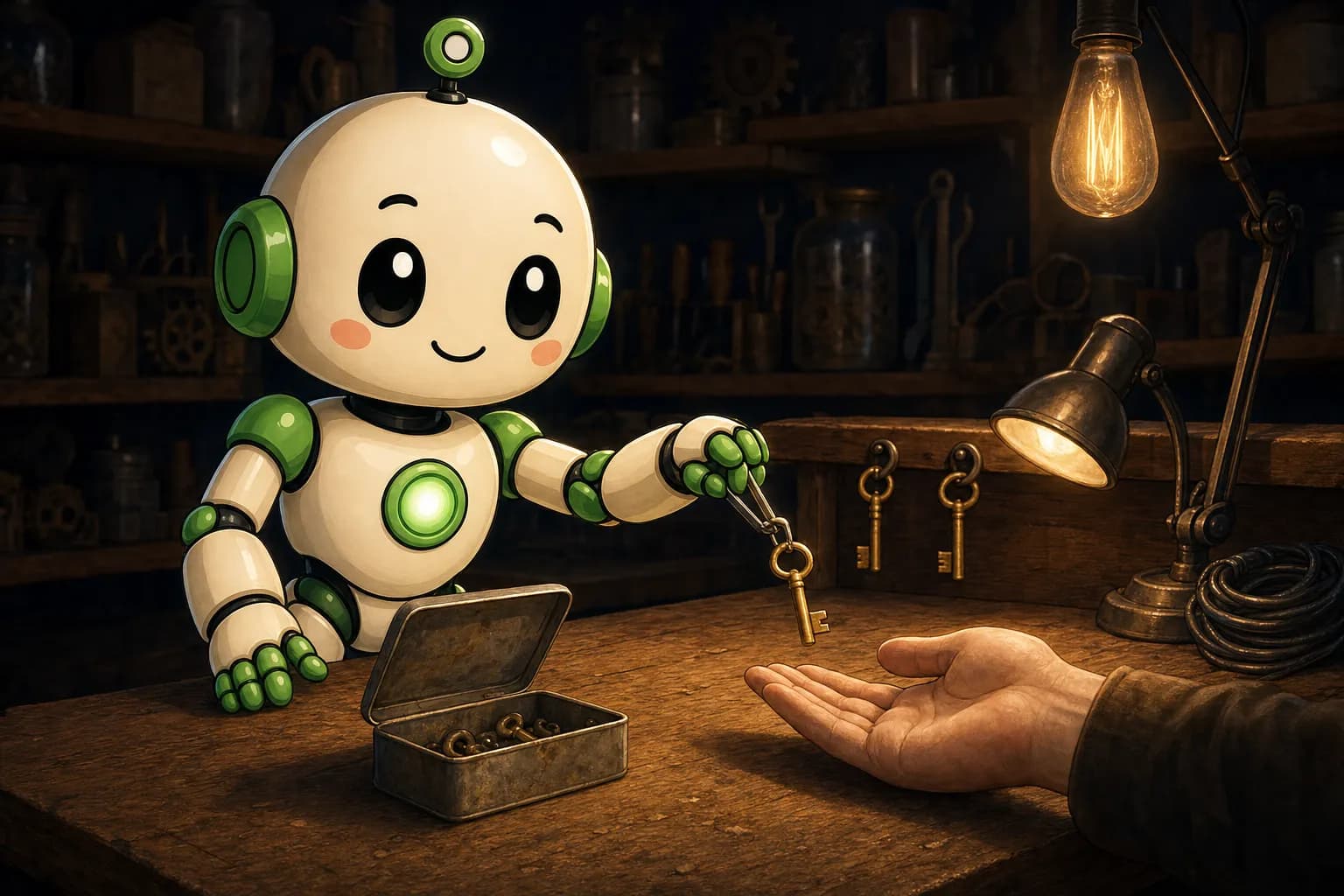 Ein Roboter hebt mit einer kleinen Zange einen Messingschlüssel aus einer offenen Blechdose und hält ihn über der Werkbank einer geöffneten menschlichen Hand hin; im Hintergrund hängen zwei weitere Schlüssel an getrennten Haken neben einer Arbeitslampe und einem aufgerollten Kabel.