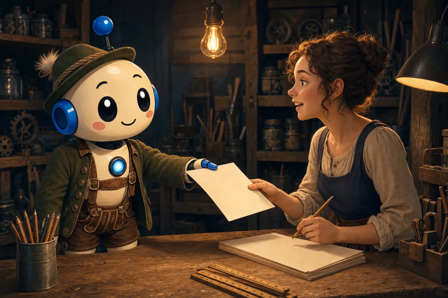 A robot in Bavarian traditional dress with leather shorts, jacket and hat hands a blank sheet of paper across a workbench to a craftswoman, who takes it while holding a pencil in her other hand.