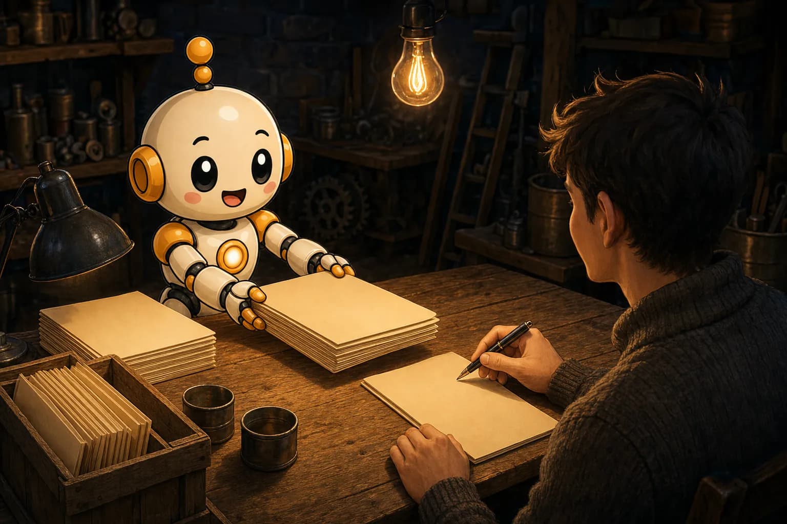 Ein Roboter schiebt an einer Werkbank einen Stapel leerer Papiermappen zu einer sitzenden Person, die einen Stift über das oberste leere Blatt hält; daneben stehen eine Lampe, Blechdosen und eine Holzkiste mit weiteren Mappen.