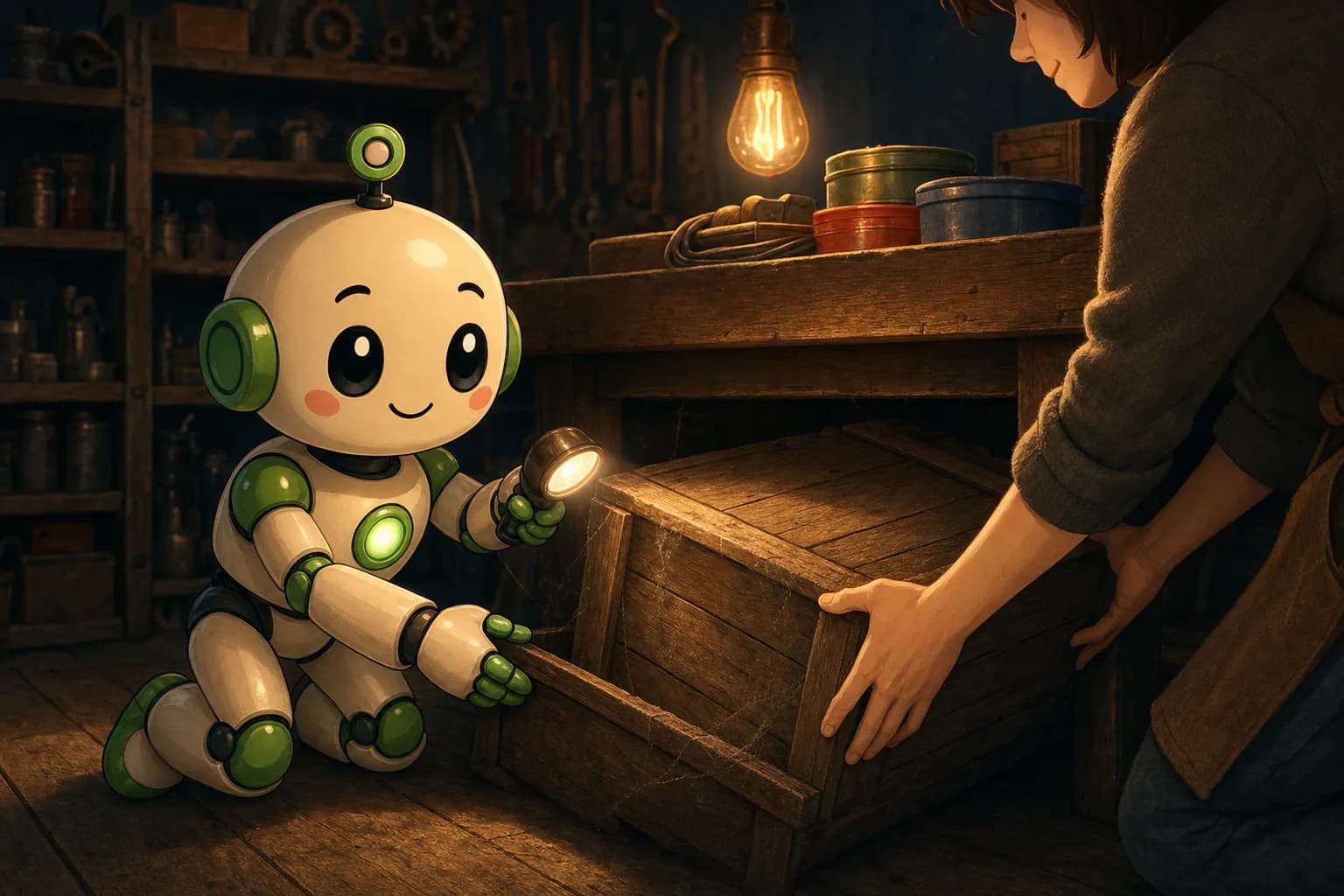 Ein Roboter zieht mit einer kleinen Lampe in der Hand eine staubige Holzkiste unter einer Werkbank hervor und reicht sie einer daneben stehenden Person, die sich danach bückt; auf der Werkbank stehen ein paar saubere Blechdosen und ein aufgerolltes Kabel.