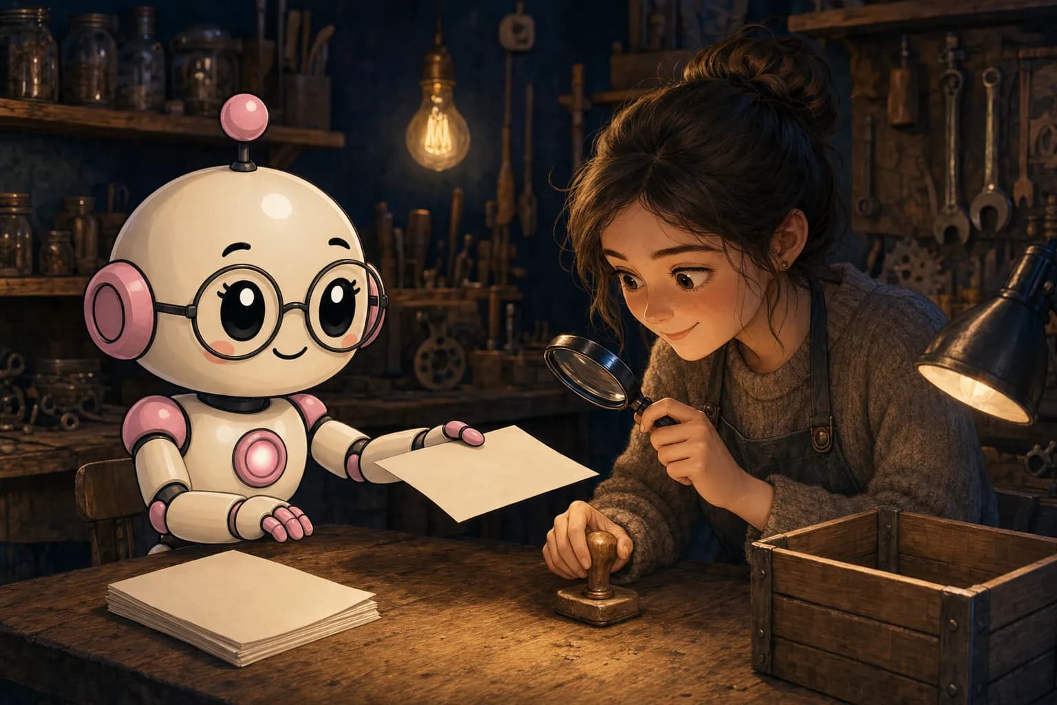 An einer Werkbank hält ein Roboter einem Menschen ein leeres Blatt Papier hin, der es unter einer Lampe durch eine Lupe betrachtet und die andere Hand auf einem Holzstempel liegen hat, daneben eine offene Holzkiste.